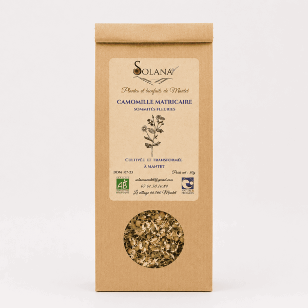 Tisane camomille allemande bio. Fabriquée en France par Solana. Herboristerie en ligne