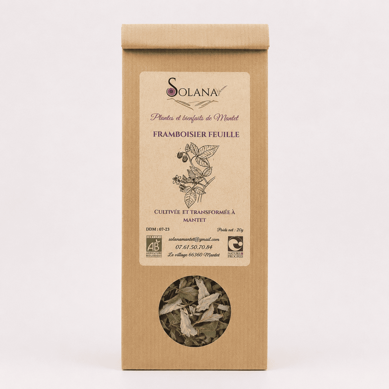 Tisane feuille de framboisier bio. Plantes cultivées et transformées à Mantet, par Solana