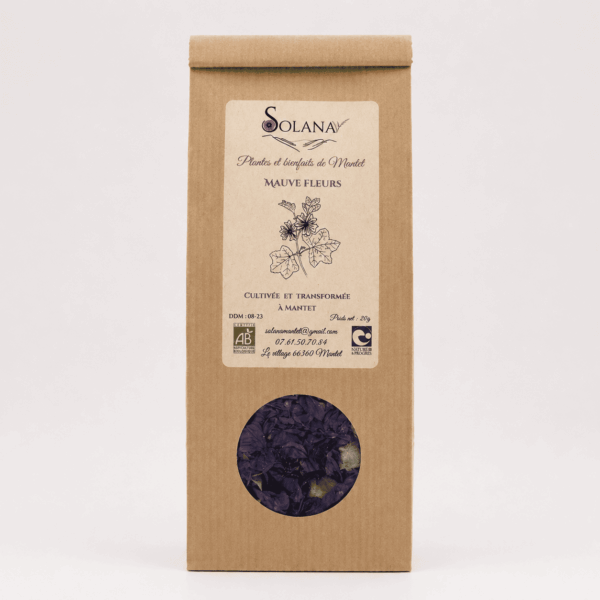 Tisane fleurs de mauve bio. Fabriquée en France par Solana. Herboristerie en ligne