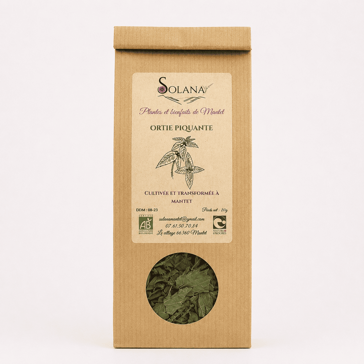 Tisane ortie piquante bio. Cultivée et transformée à Mantet par Solana