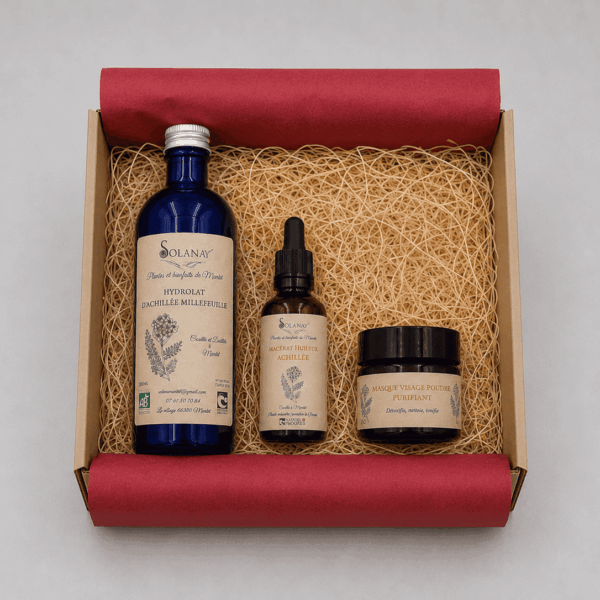 Coffret rituel masque visage Solana. Masque purifiant, hydrolat et macérat huileux.