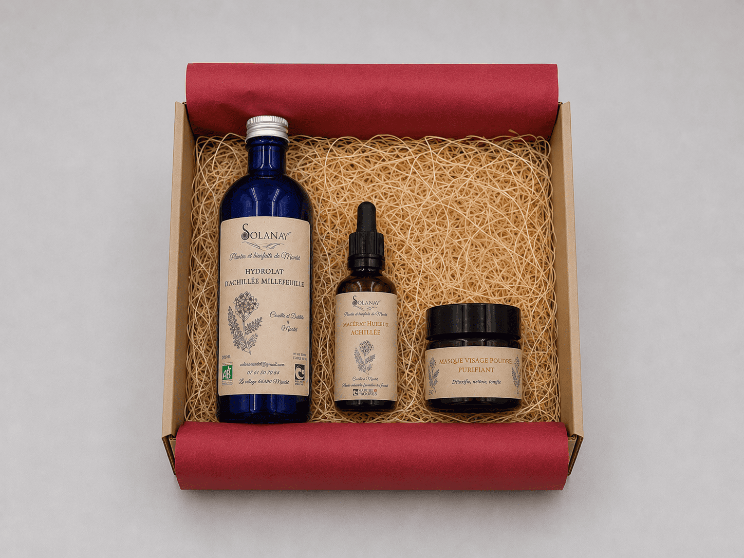 Coffret rituel masque visage Solana. Masque purifiant, hydrolat et macérat huileux.