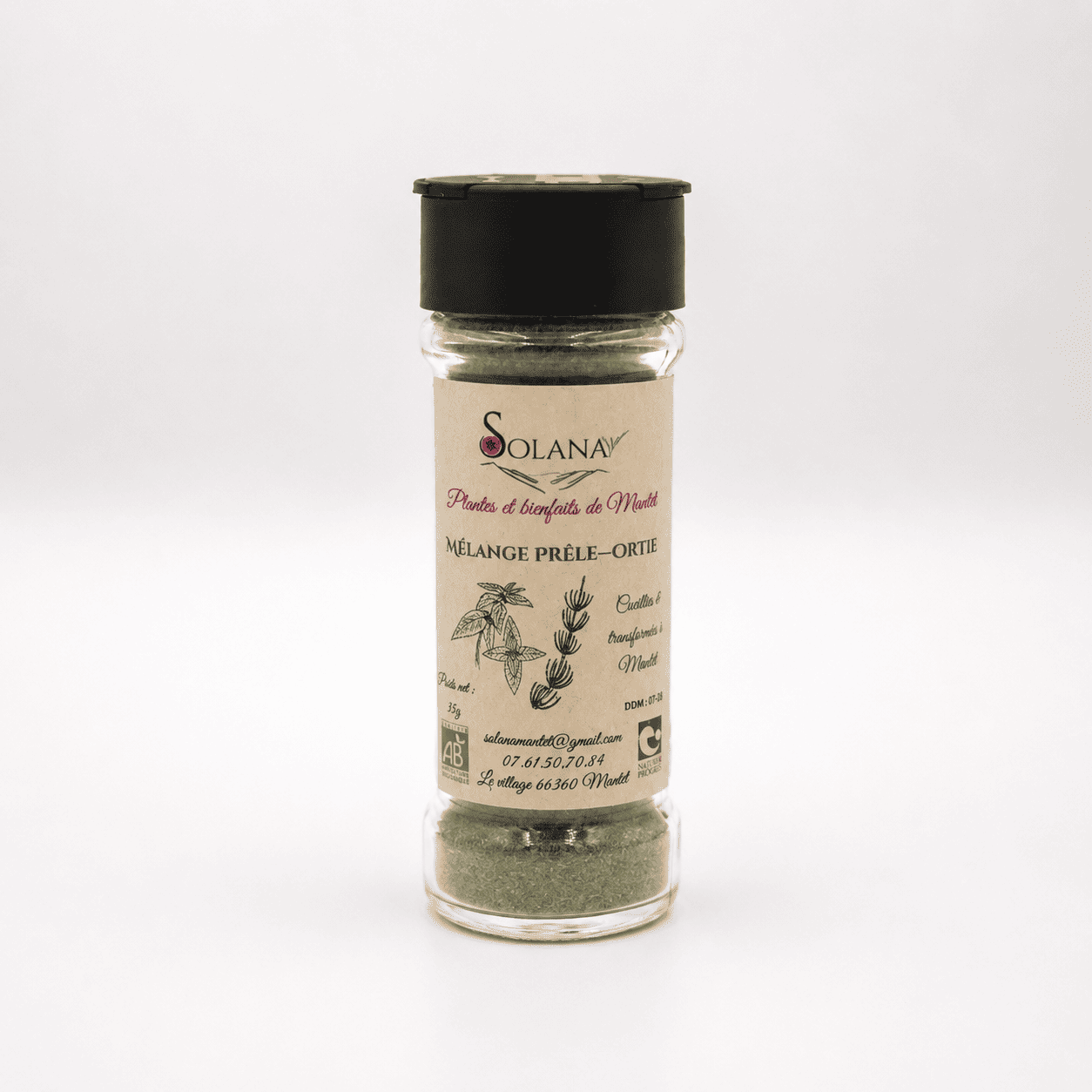 Mélange prêle ortie Solana. Herboristerie en ligne. mélange reminéralisant de poudre de Prêle des champs et d’Ortie , à utiliser en cure reminéralisante ou en aromate original et bienfaisant.