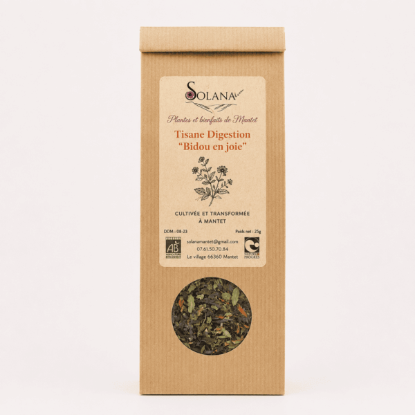 Tisane de digestion bio. Plantes cultivées et transformées à Mantet, par Solana