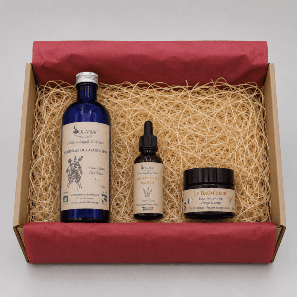 Coffret cadeau lavande : hydrolat de lavande, baume apaisant lavande et macérat huileux de lavande