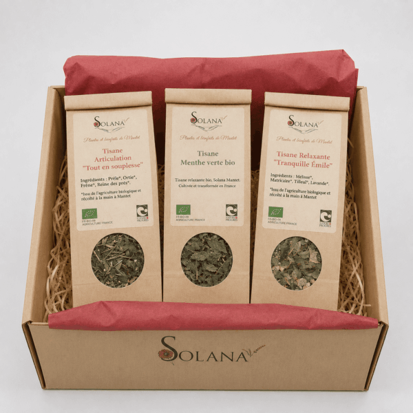 Coffret cadeau trio de tisanes bio. Tisane de menthe verte, tisane relaxante et tisane articulation
