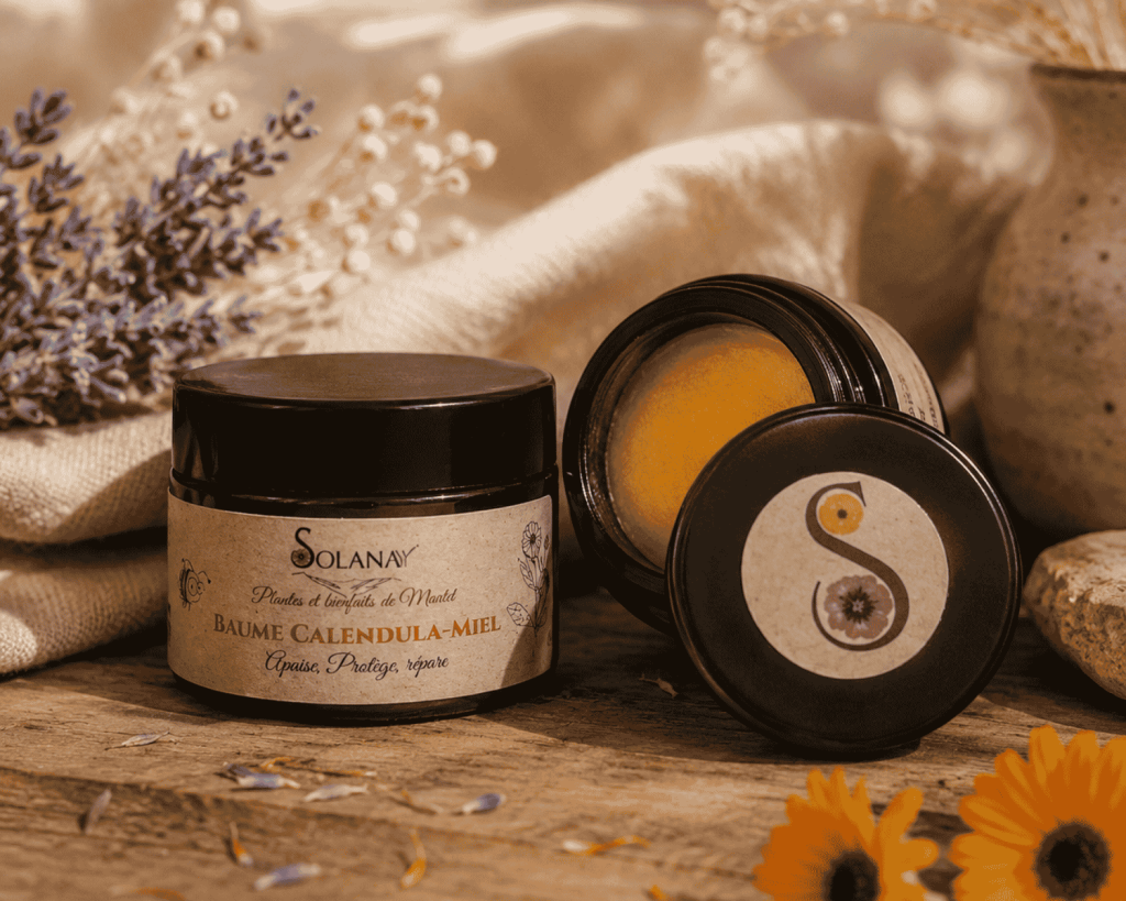 Baume calendula pour peaux sèches, sensibles et réactives. Fabriqué dans les Pyrénées à partir de plantes cultivées et cueillies par mes soins.