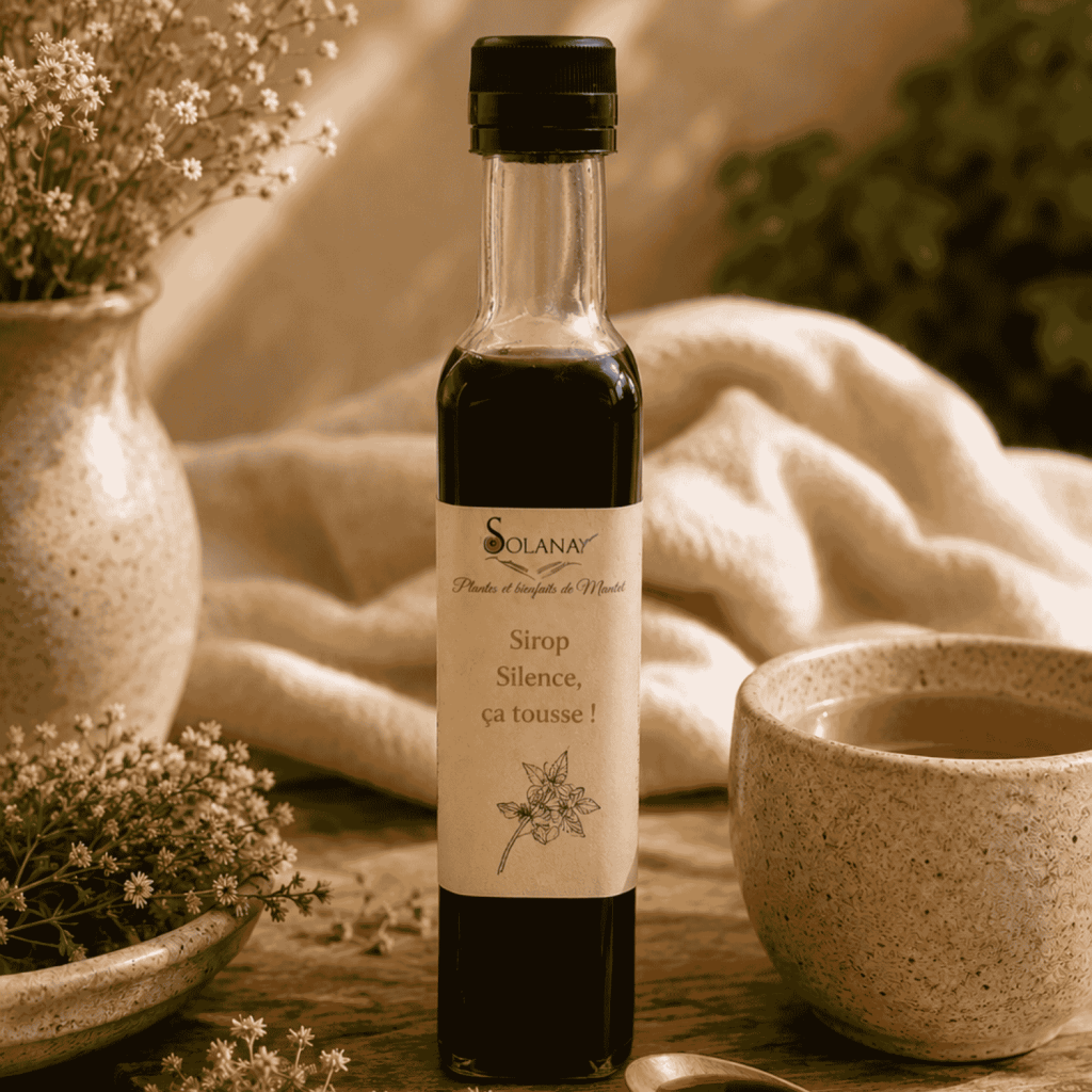 Sirop Silence ça tousse, confort saisonnier, hiver. A partir de plantes cultivées, récoltées et transformées dans les Pyrénées. Solana Mantet