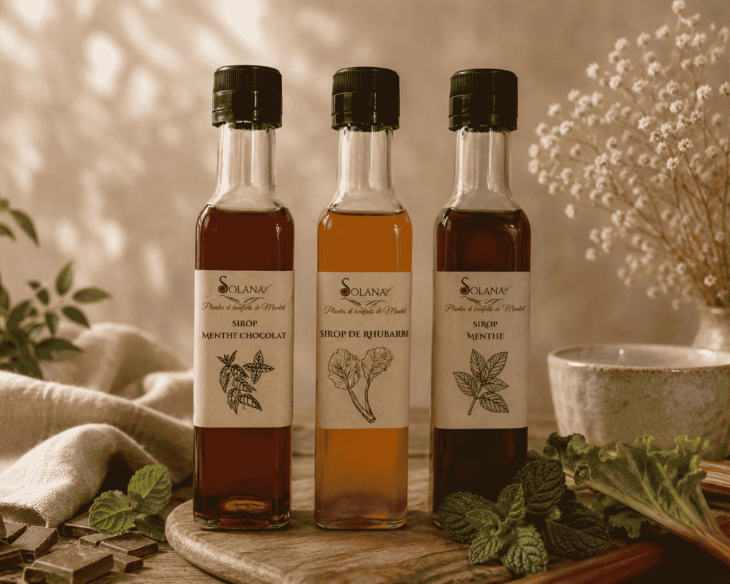 Sirops artisanaux : menthe poivrée, menthe verte et rhubarbe pour faciliter la digestion.