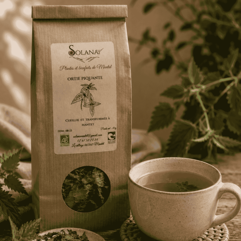 Tisane ortie piquante, drainage naturel et détox. Cultivée et transformée à Mantet, dans les Pyrénées.