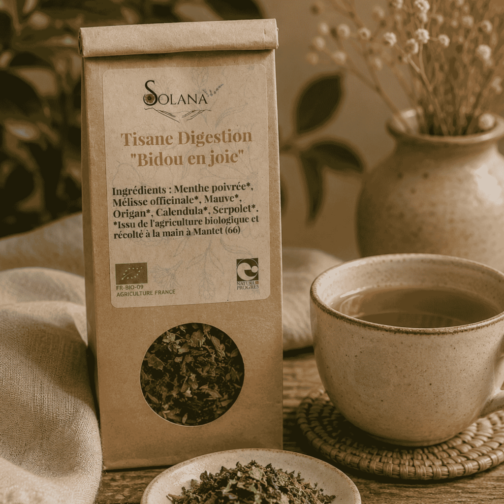 Tisane problèmes digestif "Bidou en joie". Plantes cultivées et récoltées à Mantet, dans les Pyrénées