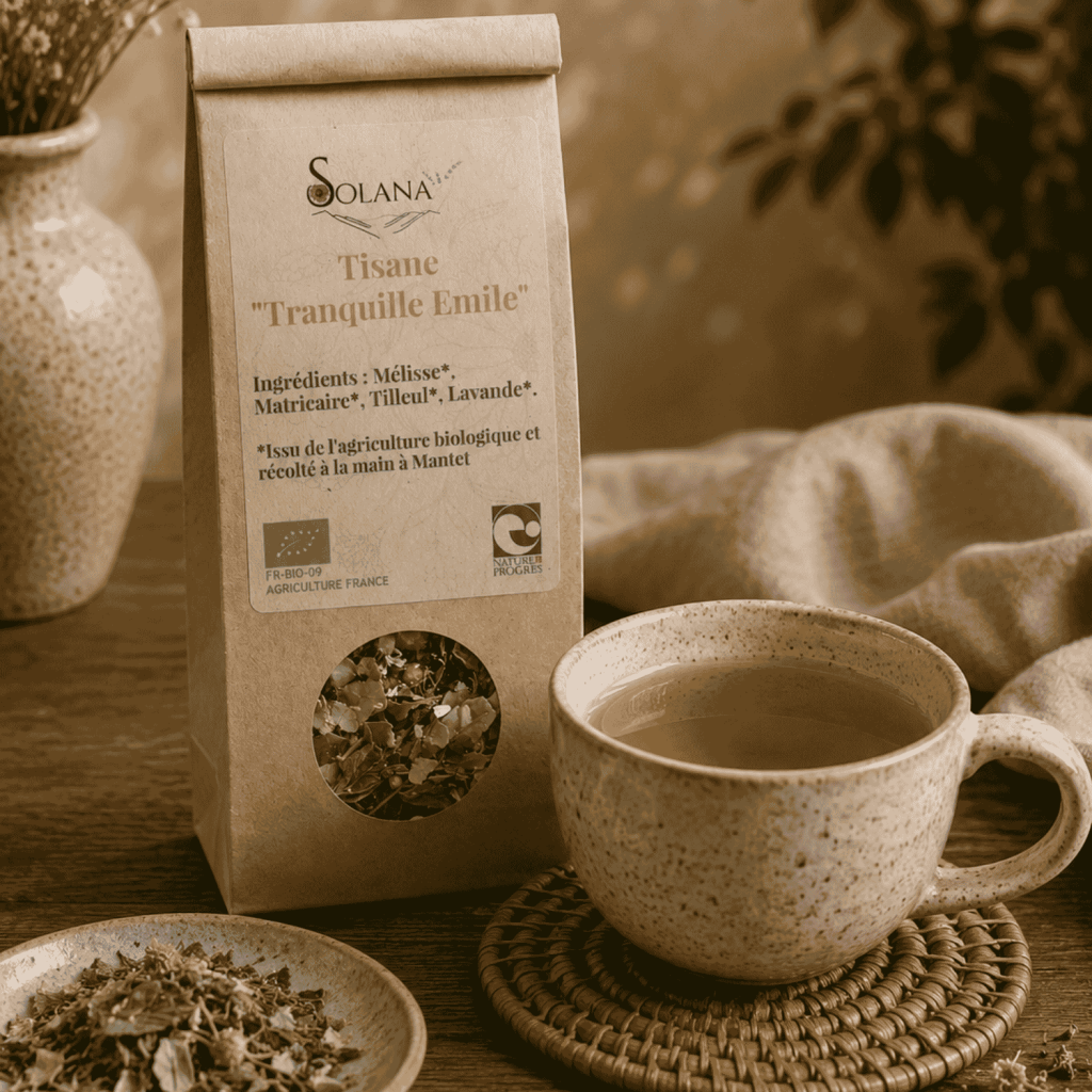 Tisane relaxante Solana Mantet : favorise le sommeil. Mélisse, Tilleul, Lavande, Camomille