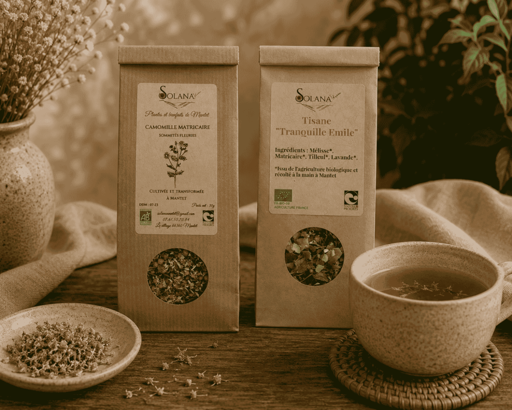 Tisanes bio pour favoriser le sommeil et la relaxation. Plantes cultivées et transformées à Mantet. Solana, votre herboristerie en ligne.