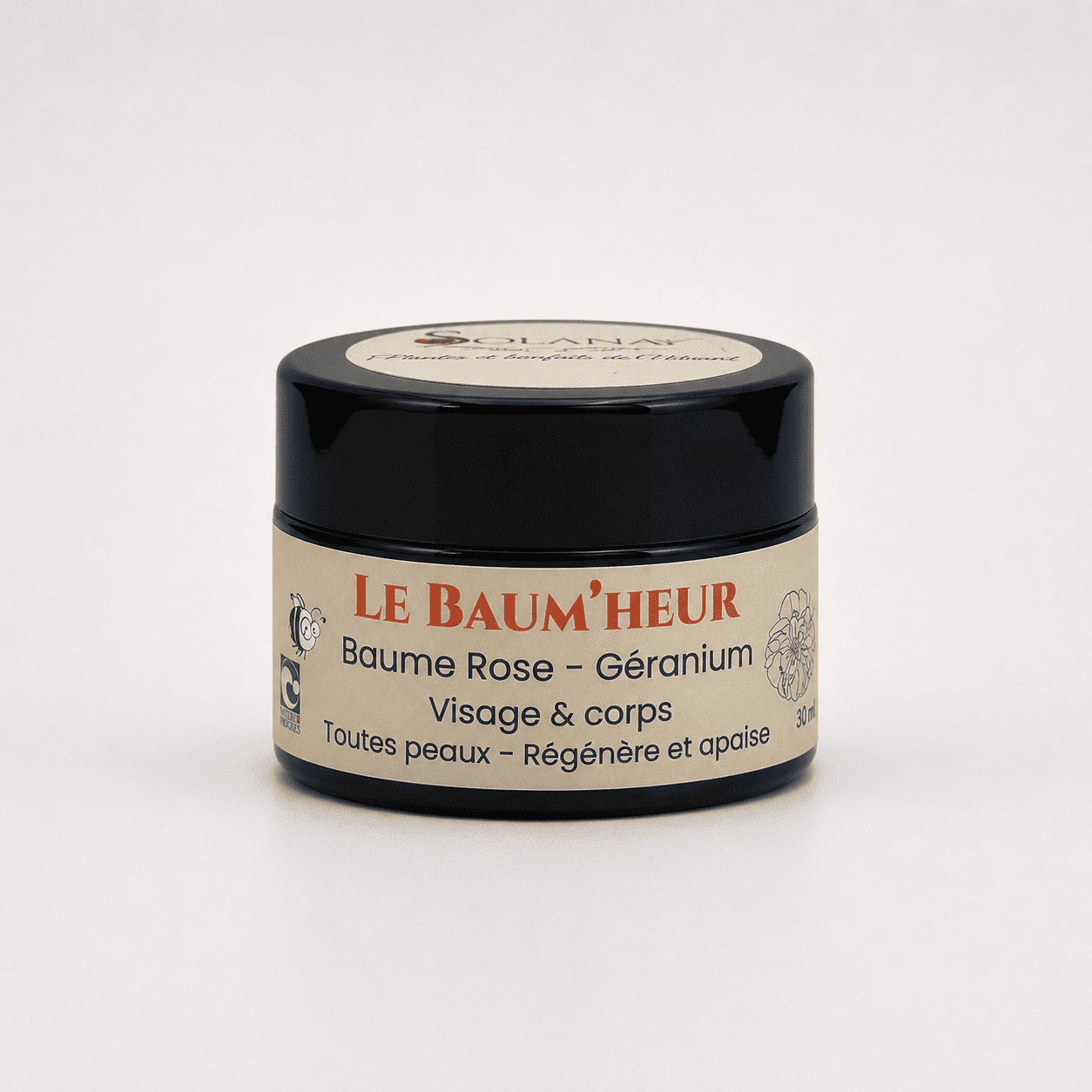Baume anti-âge et éclat visage et corps. Baume formulé avec des ingrédients bio, rose et géranium. Mention Nature et Progrès