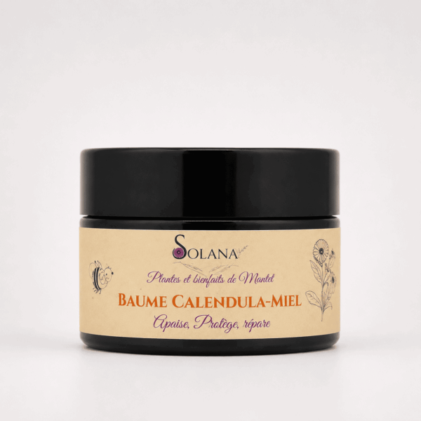 Baume calendula et miel, pot de 30gr. Fabriqué en France par votre herboriste Solana Mantet. Mention Nature et Progrès