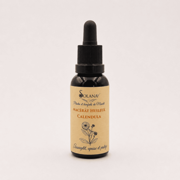 Macérat huileux de calendula, produit naturel formulé en France, dans les Pyrénées. Solana Mantet, herboristerie en ligne.