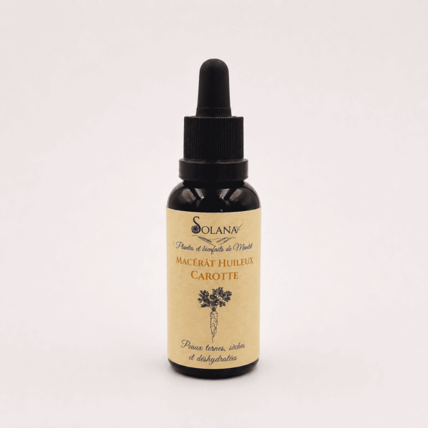 Macérat huileux de carotte, produit naturel formulé en France, dans les Pyrénées. Solana Mantet, herboristerie en ligne.